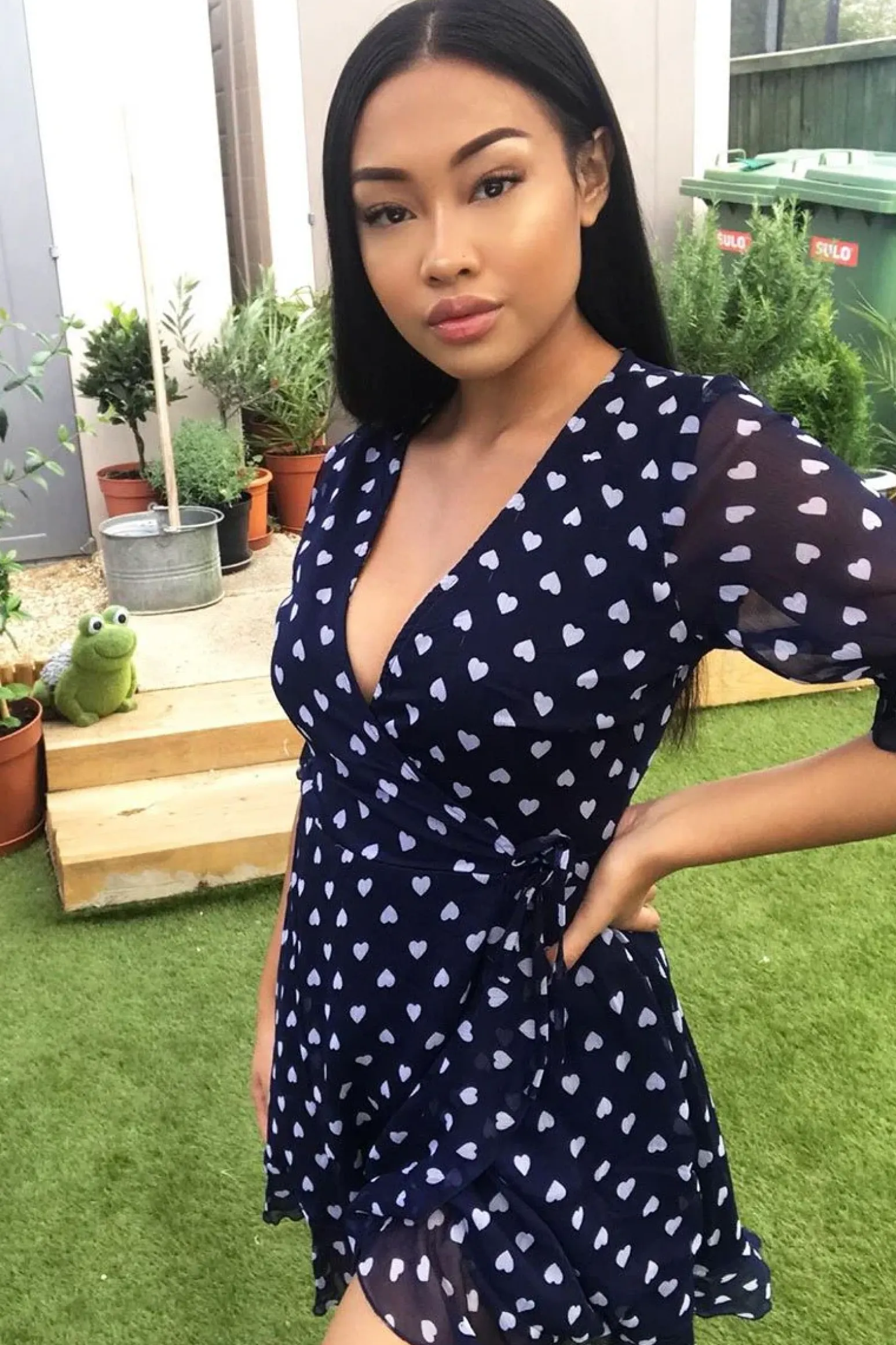 Rebellious Fashion Navy White Heart Print Wrap Front Dress - Selene