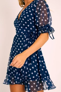 Rebellious Fashion Navy White Heart Print Wrap Front Dress - Selene