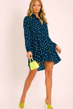 Rebellious Fashion Navy Yellow Polka Dot Shirt Dress - Karman