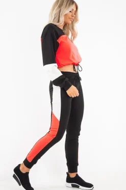 Rebellious Fashion Neon Coral Colour Block Sweatshirt Tracksuit - Kazia