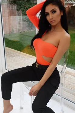 Rebellious Fashion Neon Coral One Sleeve Cut Out Bodysuit - Lyana