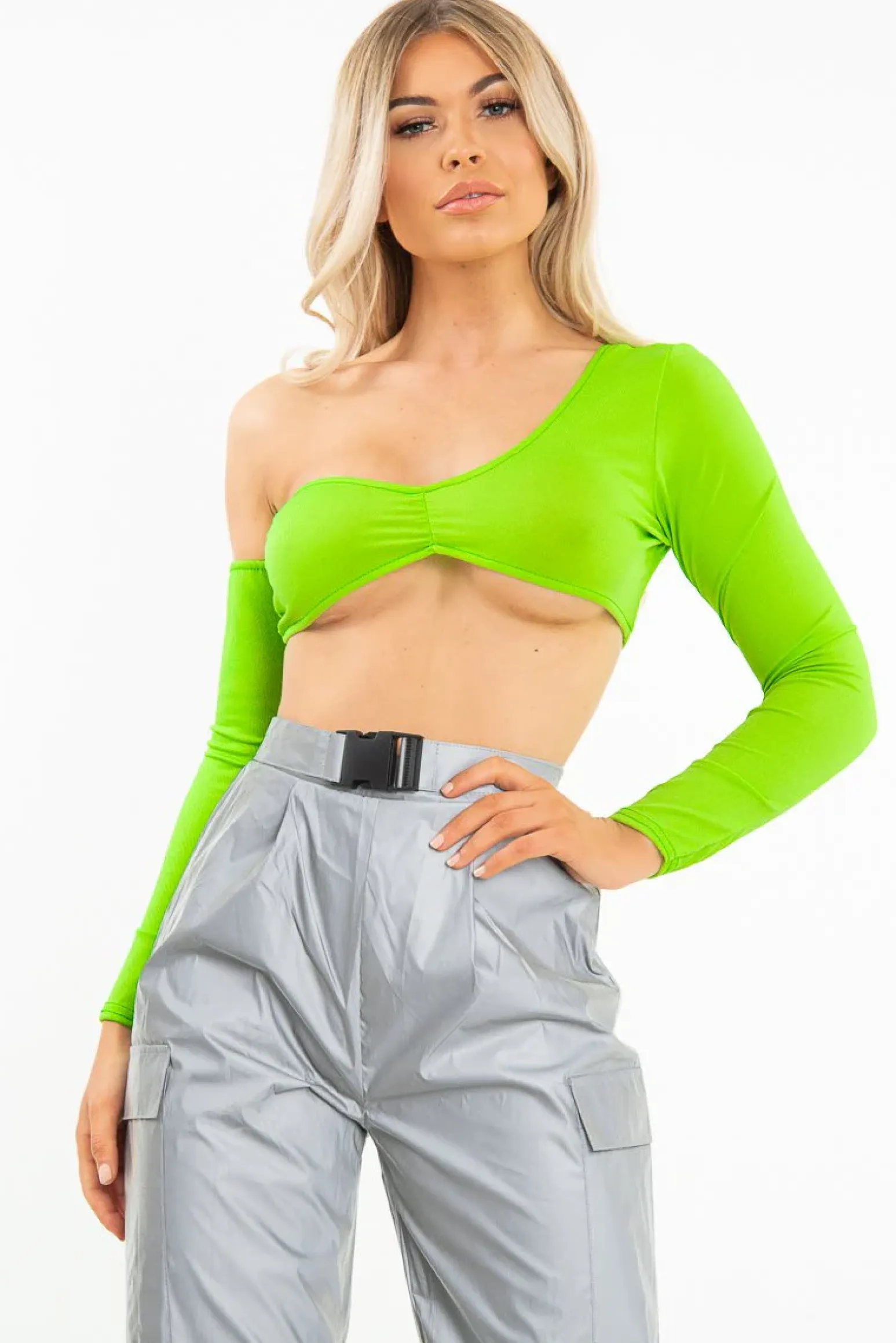Rebellious Fashion Neon Green Asymmetric Crop Top - Nicki