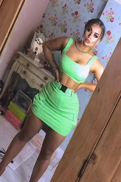 Rebellious Fashion Neon Green Buckle Cargo Skirt and Crop Top Co-ord - Naliyah