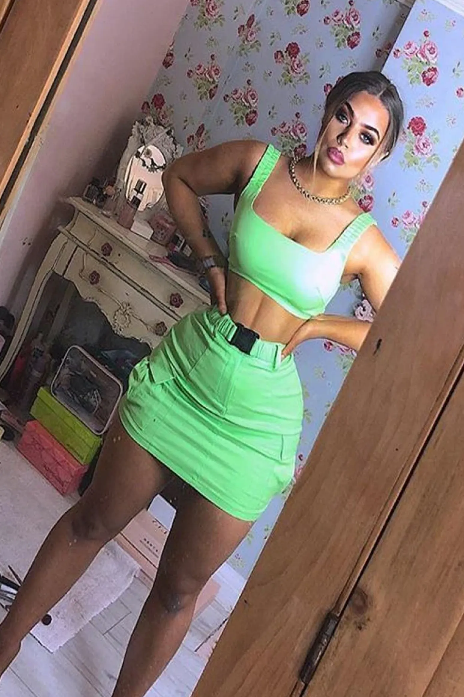 Rebellious Fashion Neon Green Buckle Cargo Skirt and Crop Top Co-ord - Naliyah