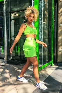 Rebellious Fashion Neon Green Buckle Cargo Skirt and Crop Top Co-ord - Naliyah
