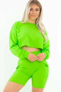 Rebellious Fashion Neon Green Crop Top And Shorts Co-ord Set - Fina