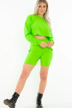 Rebellious Fashion Neon Green Crop Top And Shorts Co-ord Set - Fina