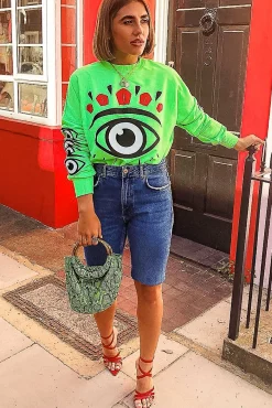 Rebellious Fashion Neon Green Eye Print Crew Neck Sweatshirt - Lynden