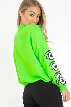 Rebellious Fashion Neon Green Eye Print Crew Neck Sweatshirt - Lynden
