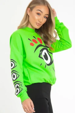 Rebellious Fashion Neon Green Eye Print Crew Neck Sweatshirt - Lynden