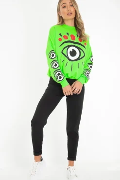 Rebellious Fashion Neon Green Eye Print Crew Neck Sweatshirt - Lynden