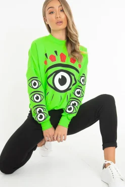 Rebellious Fashion Neon Green Eye Print Crew Neck Sweatshirt - Lynden