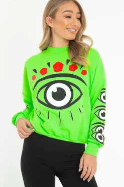 Rebellious Fashion Neon Green Eye Print Crew Neck Sweatshirt - Lynden
