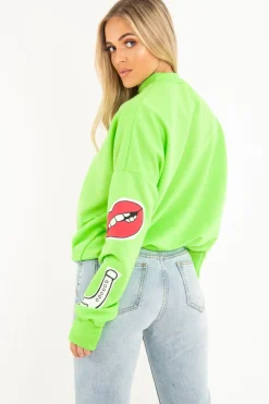Rebellious Fashion Neon Green Eyes Lips Printed Sweatshirt - Beckie