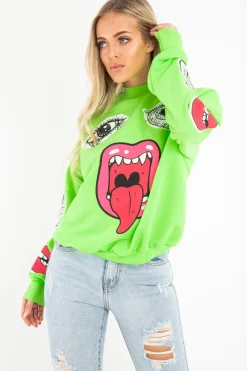Rebellious Fashion Neon Green Eyes Lips Printed Sweatshirt - Beckie