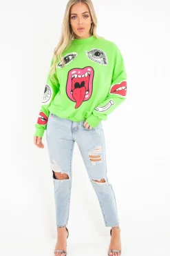 Rebellious Fashion Neon Green Eyes Lips Printed Sweatshirt - Beckie