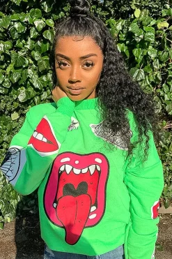 Rebellious Fashion Neon Green Eyes Lips Printed Sweatshirt - Beckie