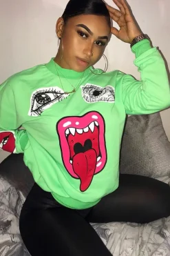 Rebellious Fashion Neon Green Eyes Lips Printed Sweatshirt - Beckie