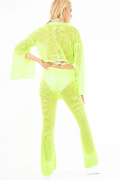 Rebellious Fashion Neon Green Fishnet Crop Jumper Wide Leg Trouser Co-ord - Haddie
