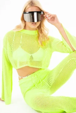 Rebellious Fashion Neon Green Fishnet Crop Jumper Wide Leg Trouser Co-ord - Haddie