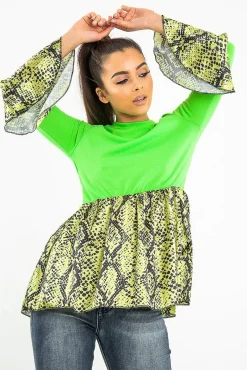 Rebellious Fashion Neon Green Lime Snake Print Flare Sleeve Peplum Top - Dhara