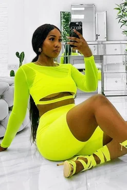 Rebellious Fashion Neon Green Mesh Long Sleeve Crop Top - Presley