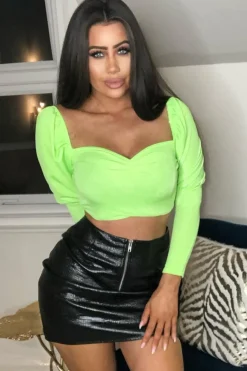 Rebellious Fashion Neon Green Puff Sleeve Sweetheart Neckline Crop Top - Tomi