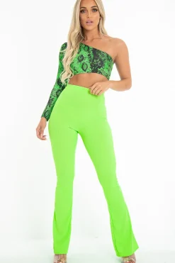 Rebellious Fashion Neon Green Ribbed Kick Flare Trousers - Chlo