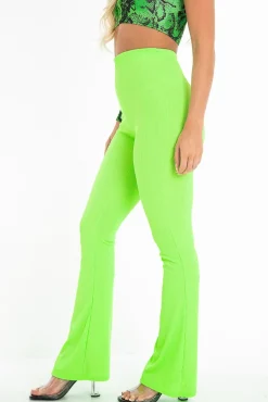 Rebellious Fashion Neon Green Ribbed Kick Flare Trousers - Chlo