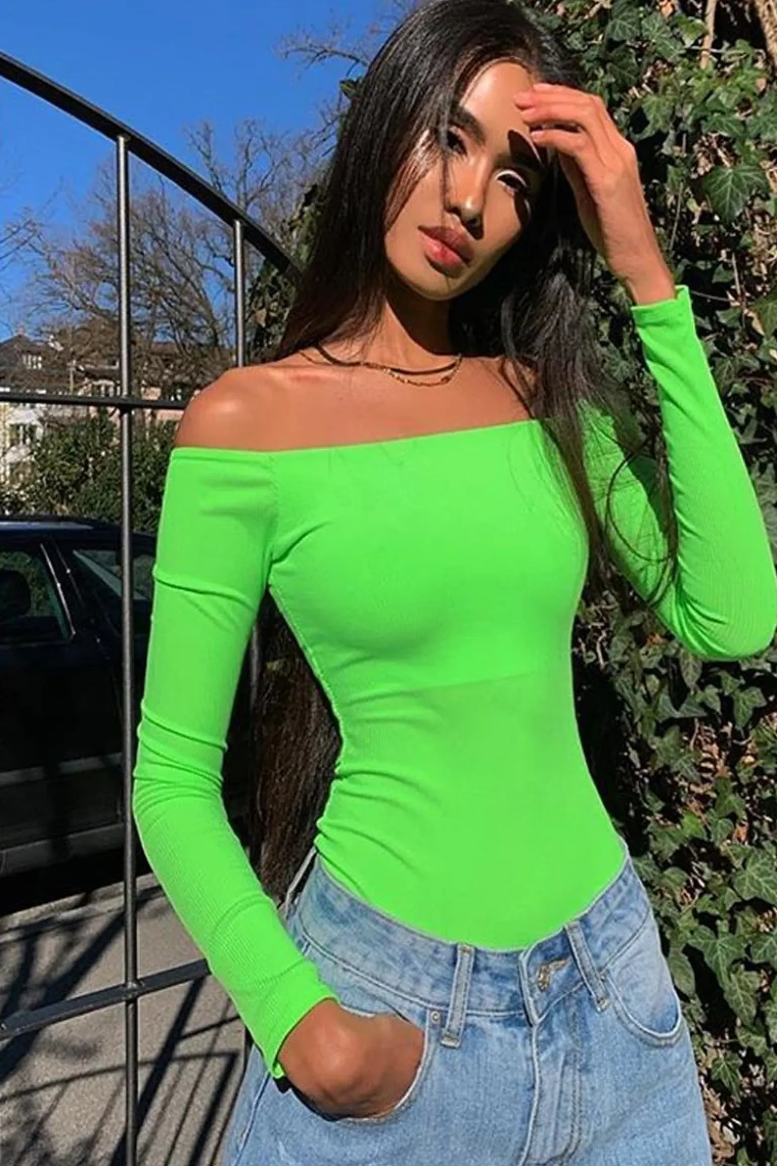 Rebellious Fashion Neon Green Ribbed Square Neck Bodysuit - Alysha