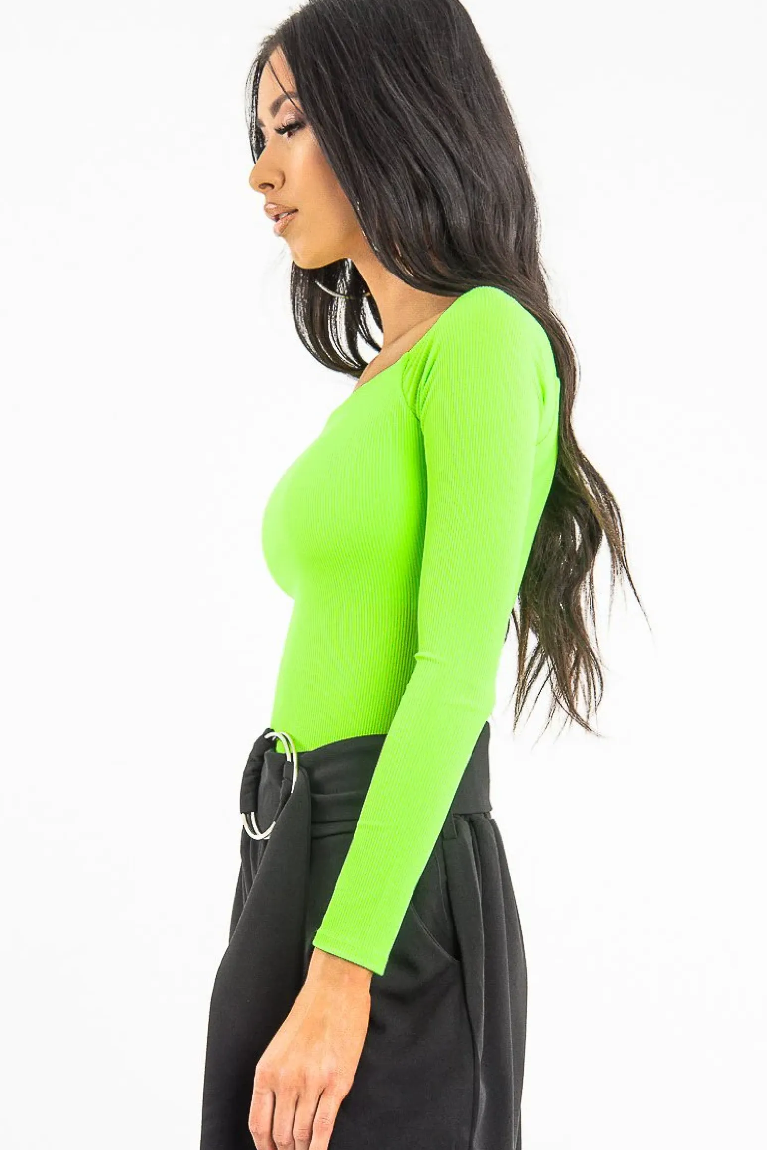 Rebellious Fashion Neon Green Ribbed Square Neck Bodysuit - Alysha