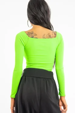 Rebellious Fashion Neon Green Ribbed Square Neck Bodysuit - Alysha