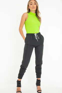 Rebellious Fashion Neon Green Rib High Neck Cut Out Back Bodysuit - Leara