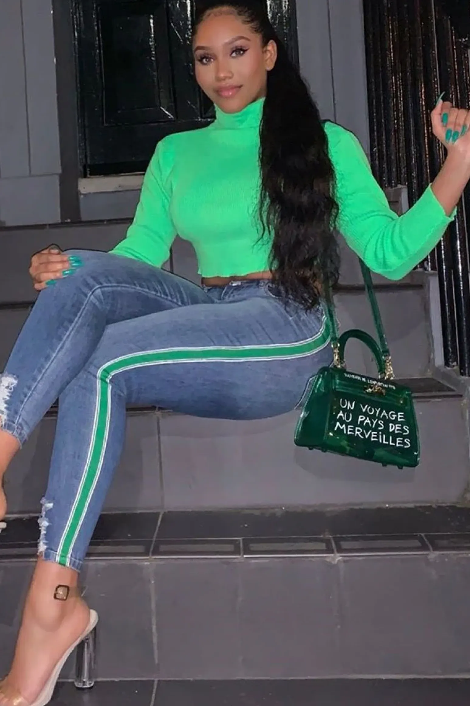 Rebellious Fashion Neon Green Rib Roll Neck Crop Jumper - Hayvin