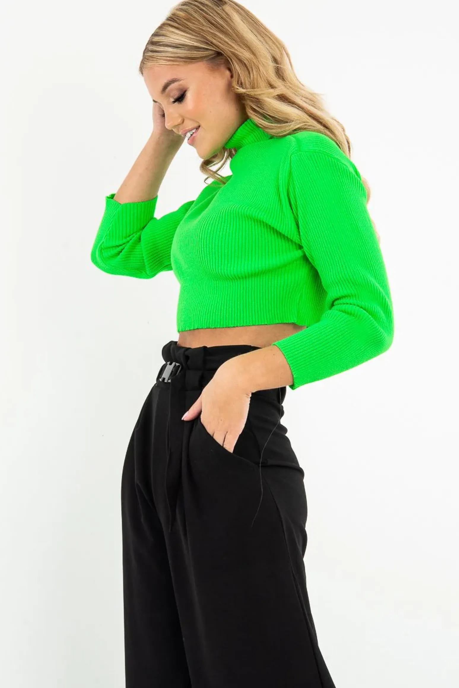Rebellious Fashion Neon Green Rib Roll Neck Crop Jumper - Hayvin