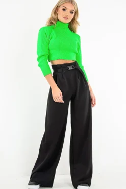 Rebellious Fashion Neon Green Rib Roll Neck Crop Jumper - Hayvin
