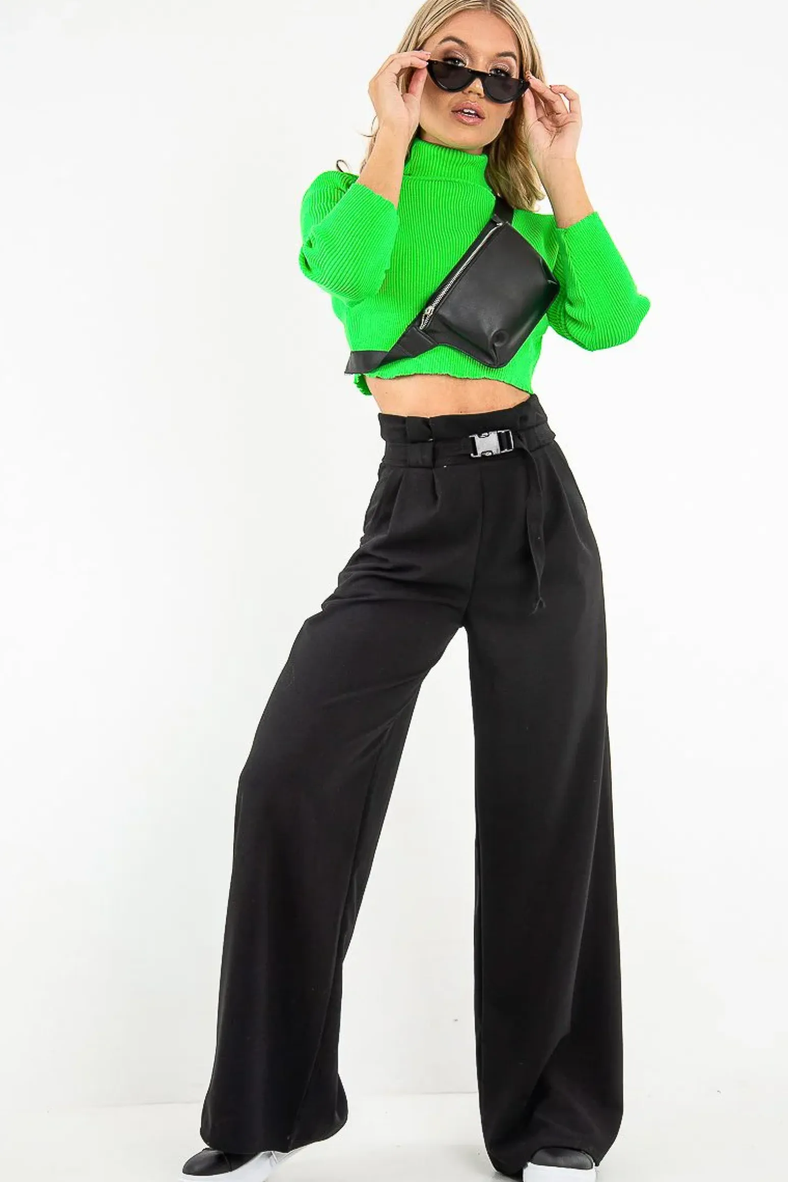 Rebellious Fashion Neon Green Rib Roll Neck Crop Jumper - Hayvin