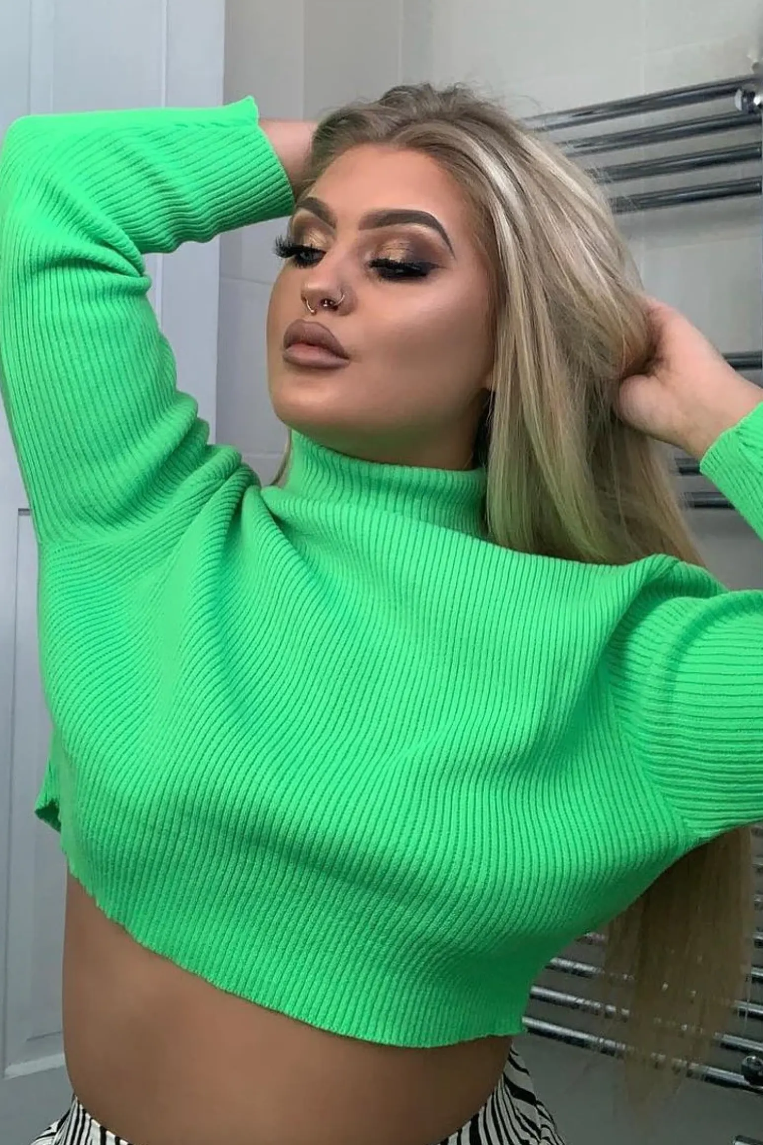 Rebellious Fashion Neon Green Rib Roll Neck Crop Jumper - Hayvin