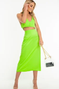 Rebellious Fashion Neon Green Satin Floaty Midi Skirt - Serafina