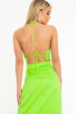 Rebellious Fashion Neon Green Satin Lace Up Plunge Triangle Bralet - Tabby