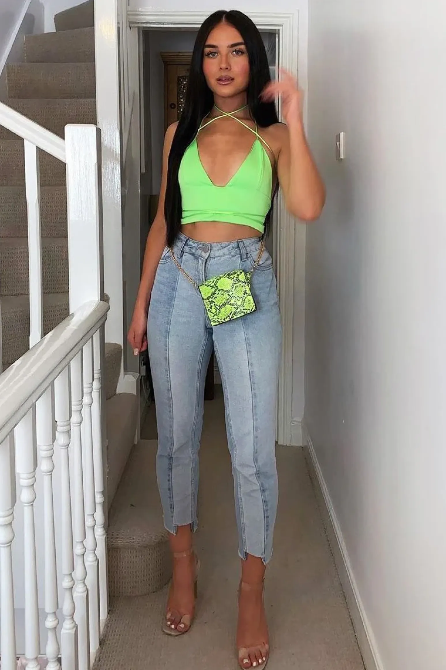 Rebellious Fashion Neon Green Satin Lace Up Plunge Triangle Bralet - Tabby