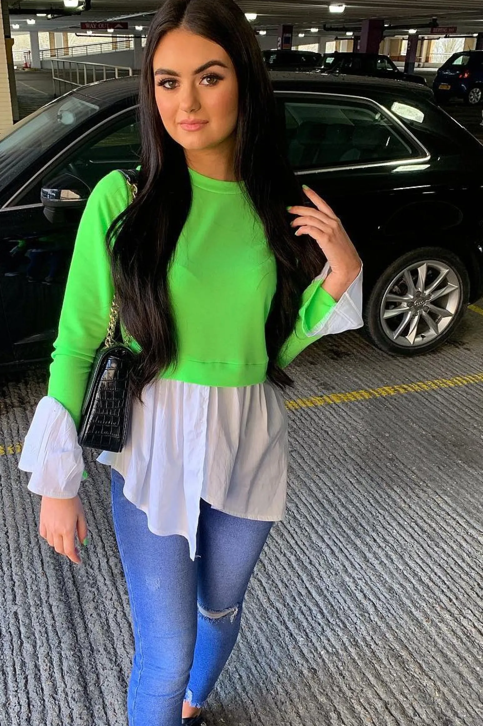 Rebellious Fashion Neon Green Shirt Insert Crew Neck Jumper - Kamilla
