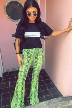 Rebellious Fashion Neon Green Snake Print Flared Trousers - Mianna