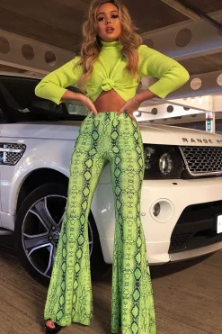 Rebellious Fashion Neon Green Snake Print Flared Trousers - Mianna