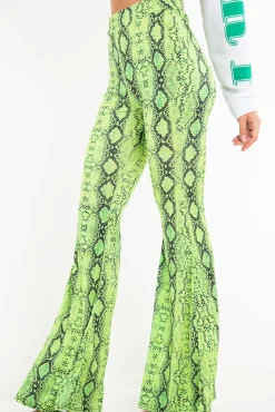 Rebellious Fashion Neon Green Snake Print Flared Trousers - Mianna
