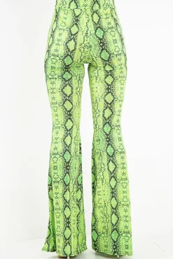 Rebellious Fashion Neon Green Snake Print Flared Trousers - Mianna