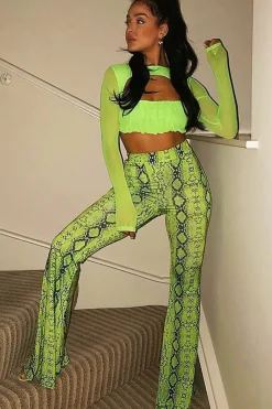 Rebellious Fashion Neon Green Snake Print Flared Trousers - Mianna