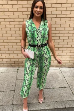 Rebellious Fashion Neon Green Snake Wide Leg Belted Jumpsuit - Sonny