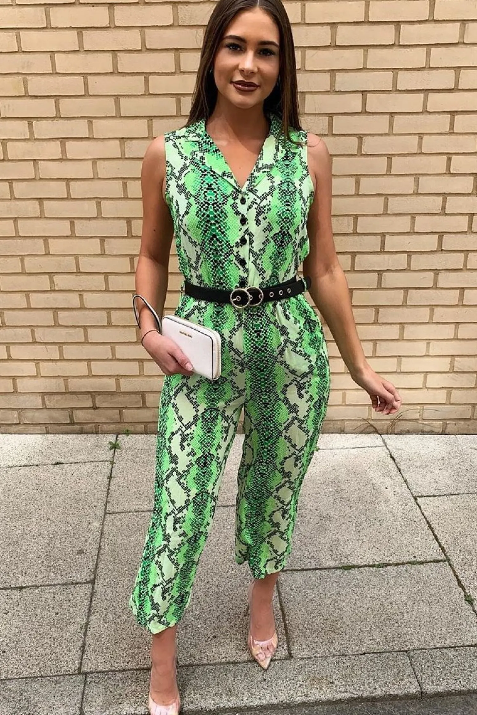 Rebellious Fashion Neon Green Snake Wide Leg Belted Jumpsuit - Sonny