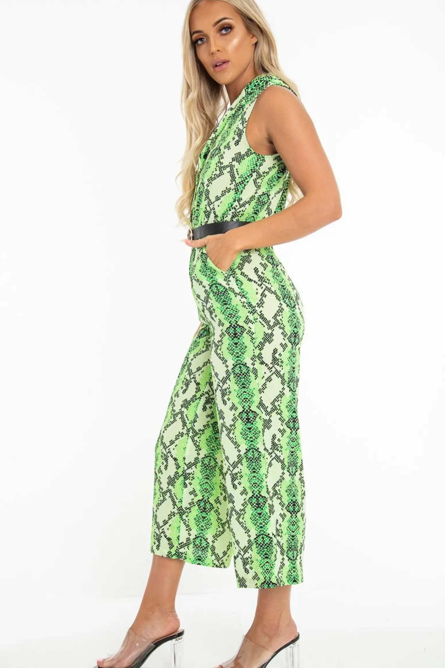 Rebellious Fashion Neon Green Snake Wide Leg Belted Jumpsuit - Sonny